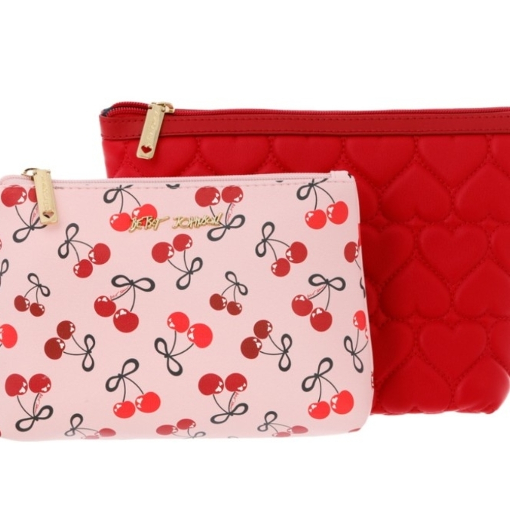 Betsey Johnson Cherry Print Pink and Red Cosmetic Bag Set